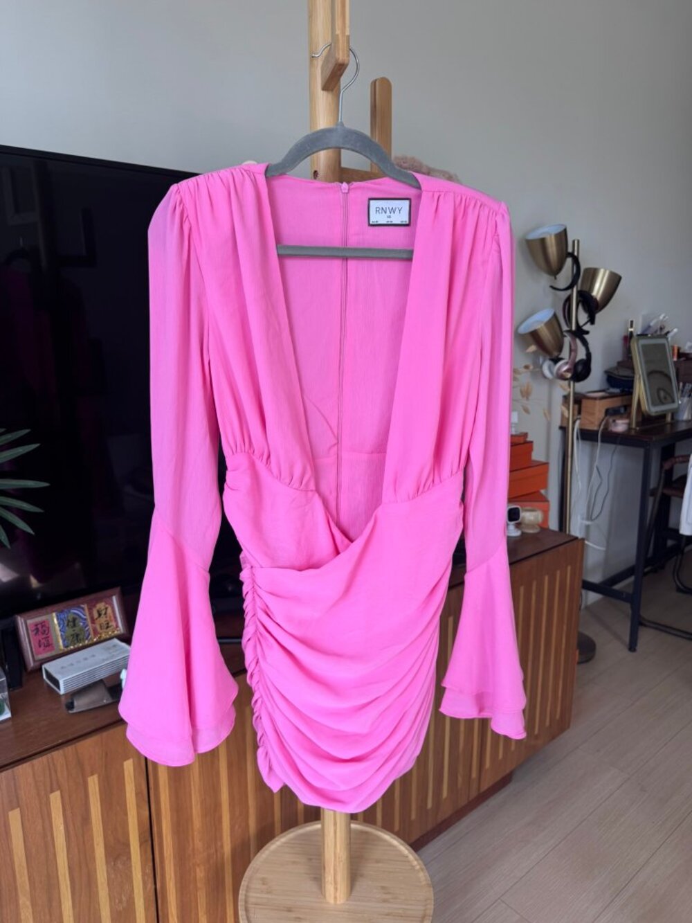 RNWY Pink Ruched Bell-Sleeve Mini Dress